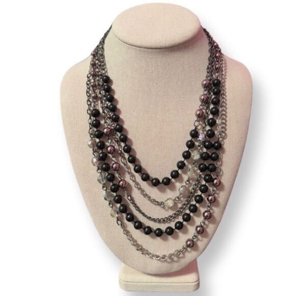 ⭐️3/$25⭐️ Black Silver Gunmetal Multiple Layer Statement Necklace - Picture 1 of 2